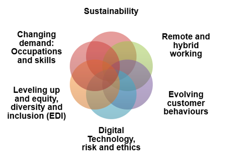 Graphic showing the six challenges and opportunities set around several overlapping circles. Clockwise, it says Sustainability, remote and hybrid working, evolving customer behaviours, digital technology risk and ethics, levelling up and equity diversity and inclusion (EDI), changing demand: occupations and skills