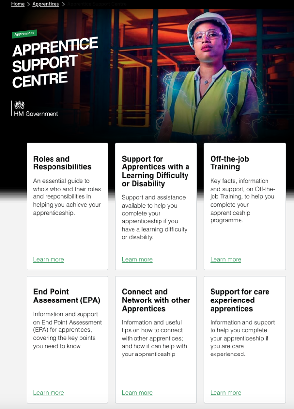 A screenshot of the web page of the Apprentice Support Centre. A woman weas a hi-vis jacket and a hard hat. Six boxes show links to different sections of the support available. They are roles and responsibilities, support for appreices with a learning difficulty or disability, off-the-job training, end point assessment, connect and network with other apprentices and support for care experienced apprentices.